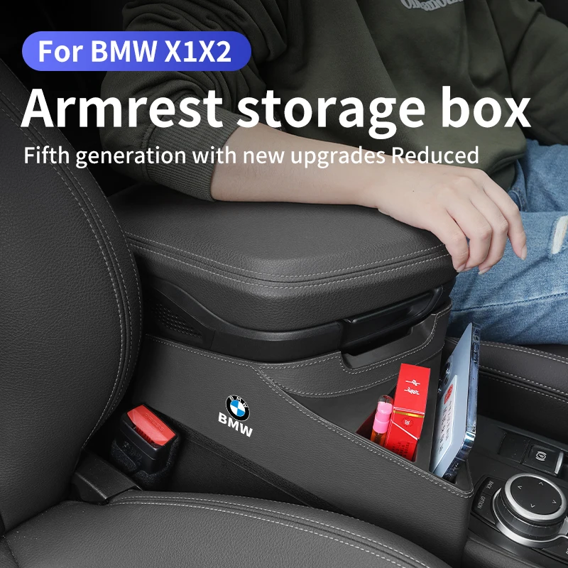 Car Armrest Storage Box For BMW X1 X2 F48 F39 2016-2022 LHD Leather Center Console Organizer Extender Auto Interior Accessories