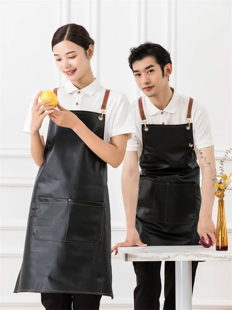 Waterproof Kitchen Apron Soft Leather Fabric Wear and Oil Proof Household Cleaning Bib Coffee Seafood Pet Nail Shop Work Uniform