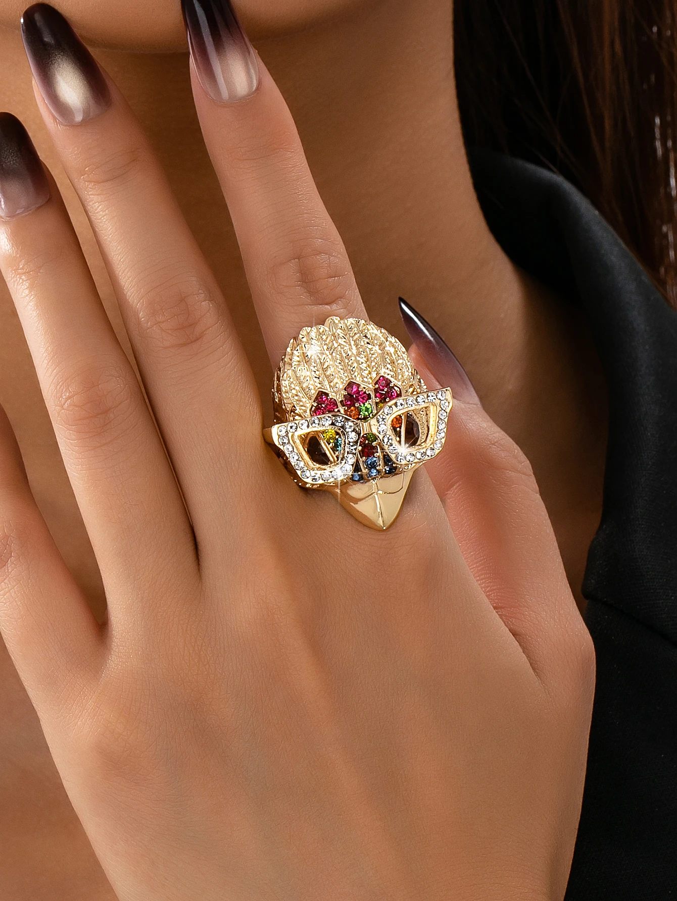 1 Vintage-Style Metal Eagle Head Ring, Featuring a Gold-Tone Rhinestone Glasses Design, Suitable as a Street-Style Accessory for Parties and Everyday Wear