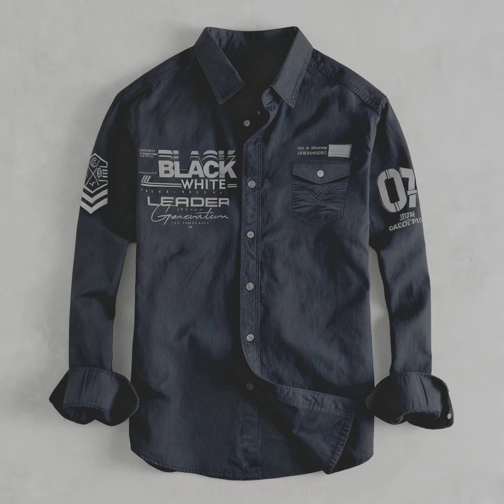 2025 Men's Retro Simple Letter 3D Printed Shirt Long Sleeve Lapel Flap Pocket 10 Colors Business Casual Fashion Top Outer Shirt