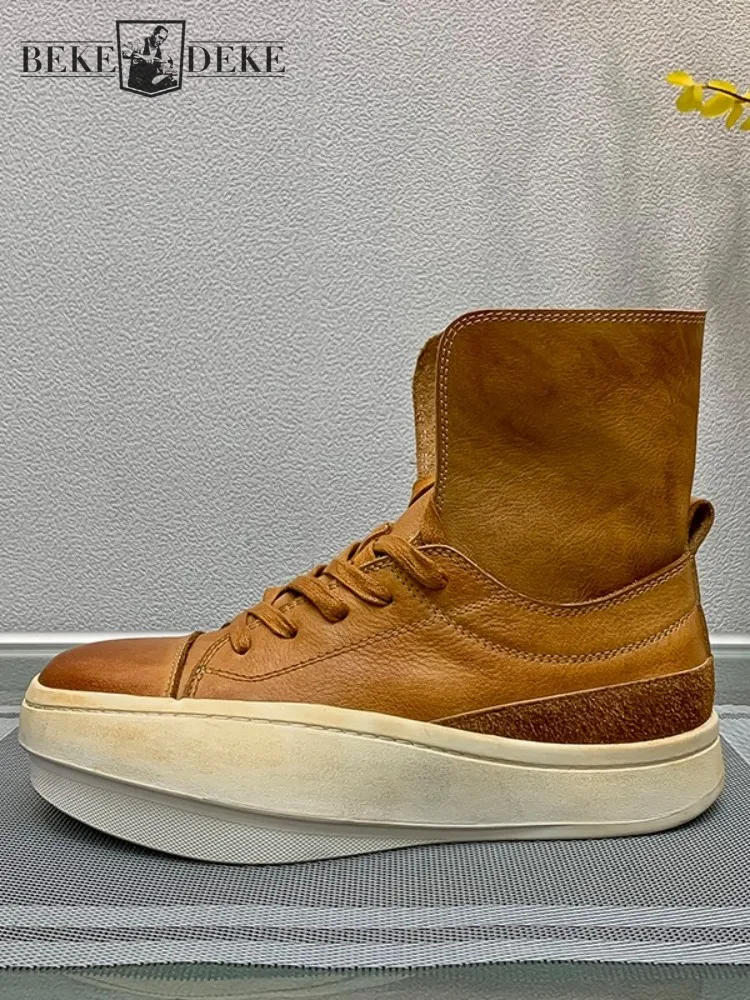 Youth Trend Male Genuine Leather Hard Wearing Platform Leisure Boots Retro Cowhide Round Toe Lace-Up Solid Color High Top Shoes