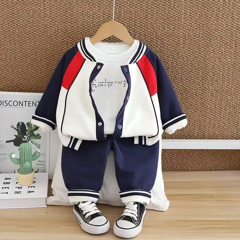 

Boys' and Girls' Clothing Set Spring and Autumn Long Sleeve Sweater+Sports Pants 2-piece Set Boys' Round Neck Button Fashion Set