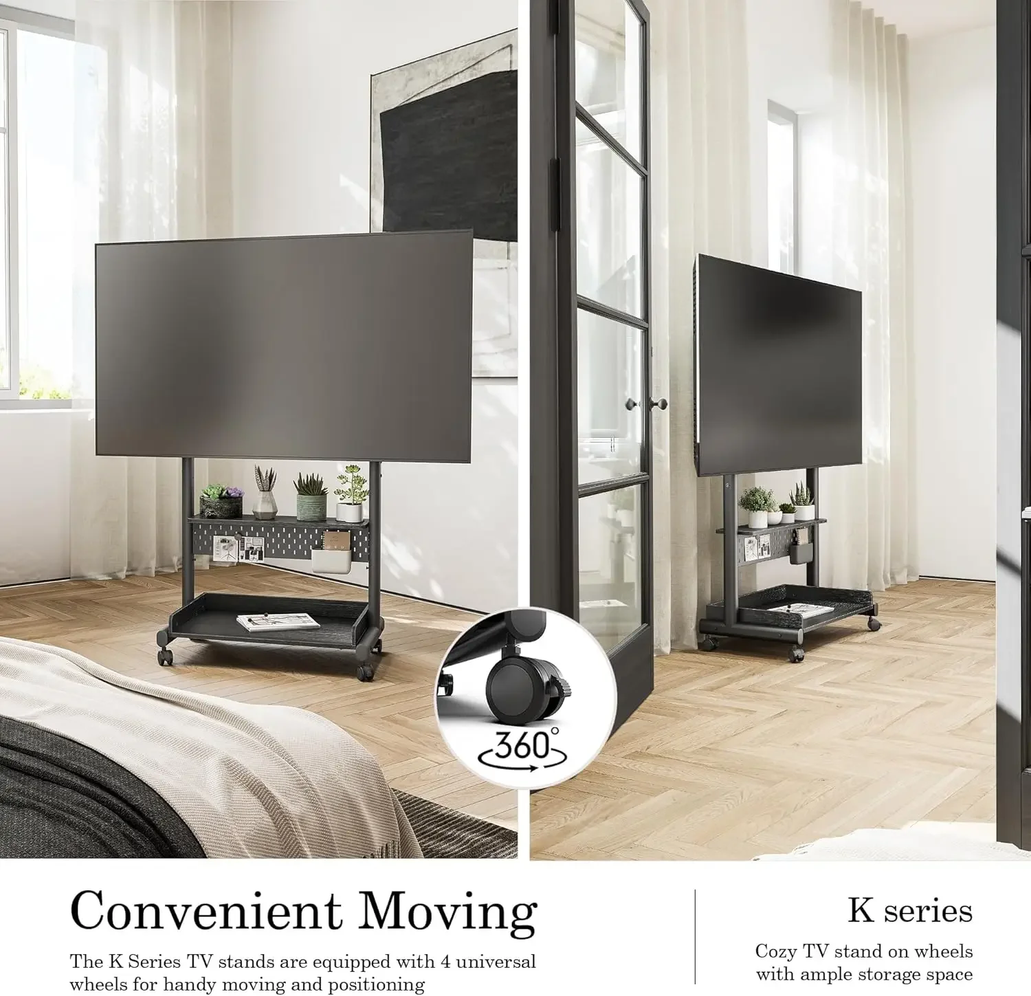 Rolling TV Stand - Portable Floor TV Stand Mount on Wheels for 40-85 Inch TV, Mobile TV Stand Cart with Wooden Shelf for Living