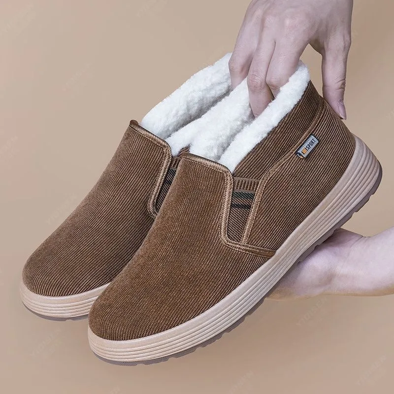 Winter Corduroy Boots Thick Fleece Lined Slip on Non Slip Soft Sole Elderly Walking Shoes for Man Work Warm Plush Cotton Shoes
