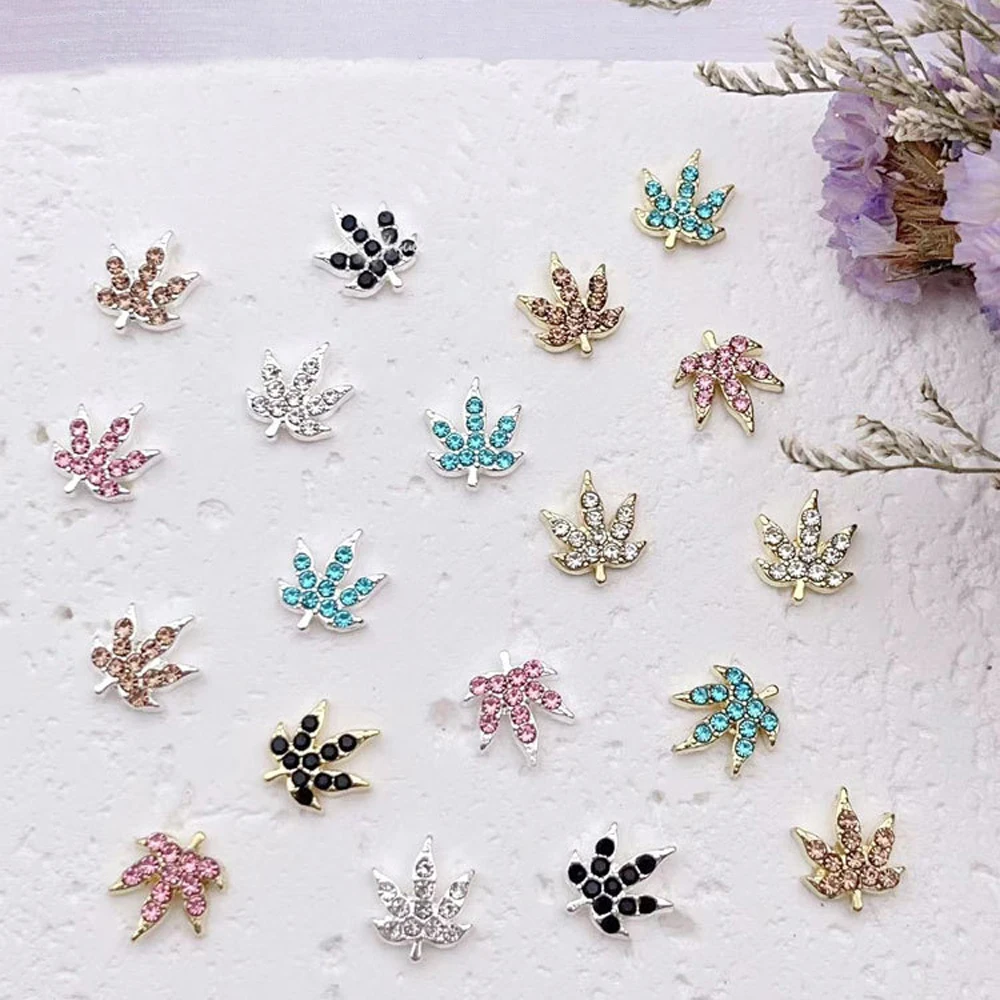 10Pcs Colorful Maple Leaf Nail Art Charms 3D Alloy Sliver Leaf Inlaid Diamond Nail Art Rhinestone Shiny DIY Nail Accessories