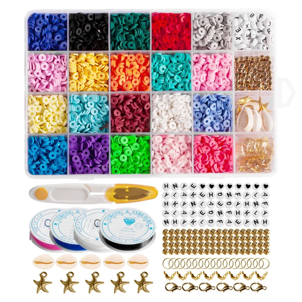 Flat Round Charm Polymer Clay Bead Set Box For Bohemian Bracelet Jewelry Making Bulk DIY Accessories Loose Spacer Slice Bead Kit