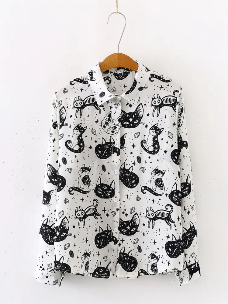 Camisa holgada con estampado de gato para mujer, Top de manga larga con cuello informal de satén, diseño con botones, primavera y otoño, nueva moda