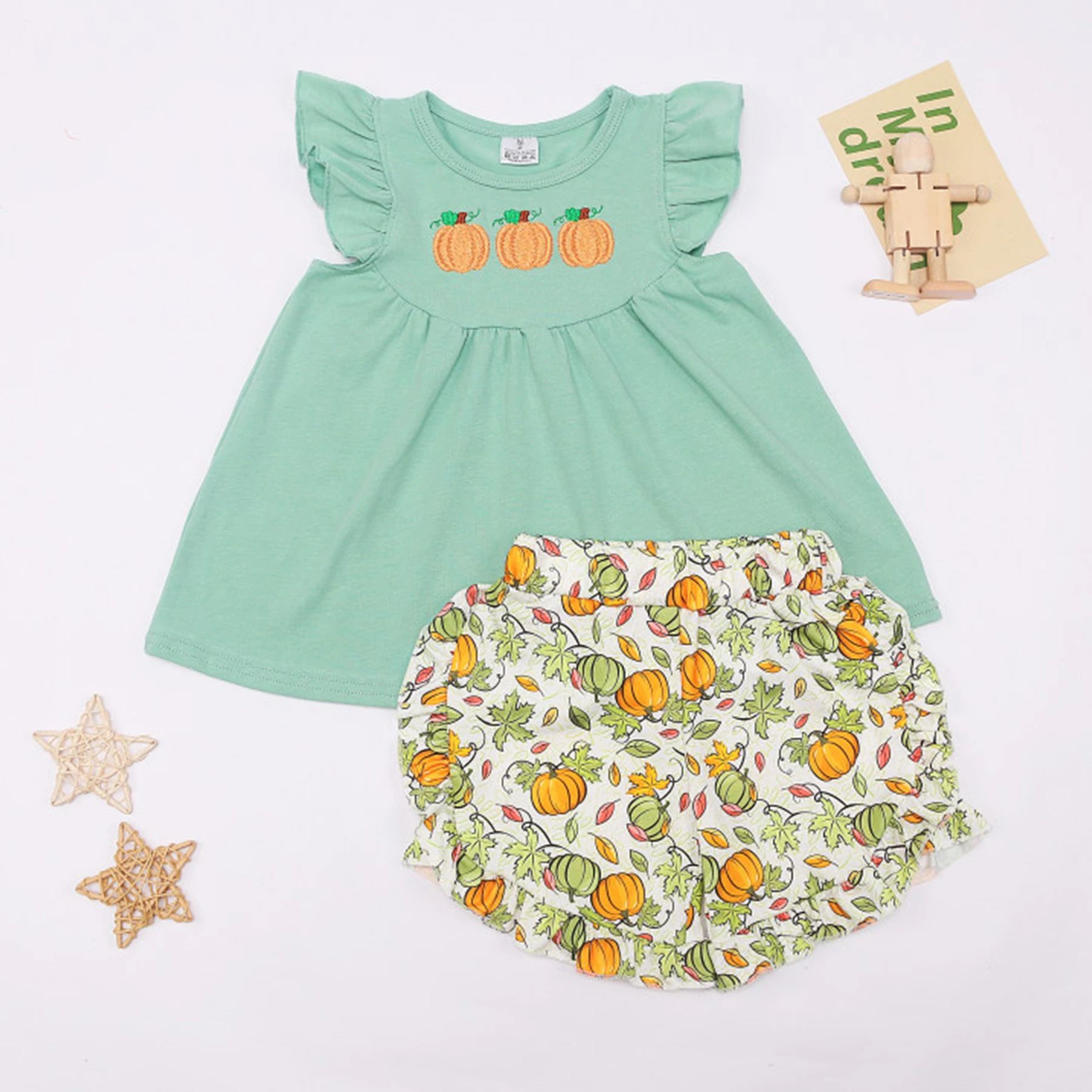 Boutique Sleeveless Set Round Neck Cute Pumpkin Embroidery Boy Green Top Clothes And Printing Pants With Girls Sister Romper