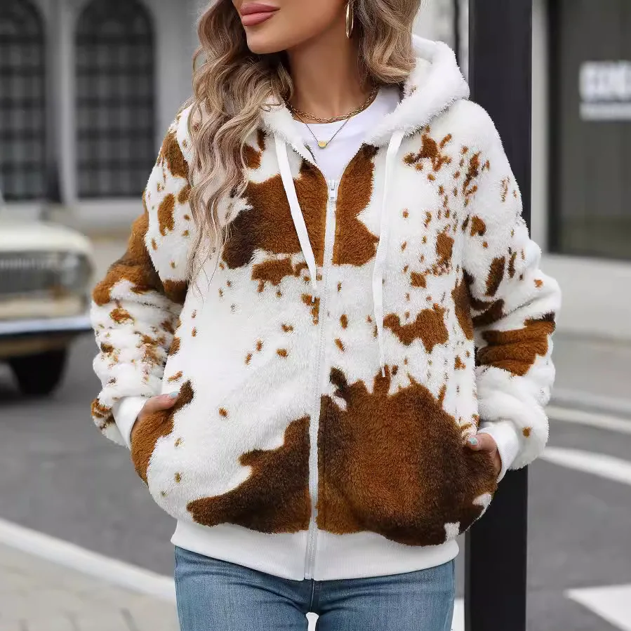 

Women Cow Print Hoodies Cardigan Coat Plush Sweatshirts Jacket Long Sleeve Zipper Loose Fit Thick Casual 2025 Autumn Winter