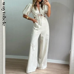 Waytobele Women Jumpsuit Summer Fashion Solid V Neck Puff Sleeve Drawstring Shirring Hollow Nipped Waist With Pocket Romper