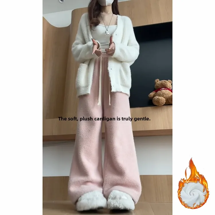 Pink Mink Velvet Fce Lined High Waist Dra Thiened Straight Leg Floor Length Pants Women's Autumn Winter New Arrival