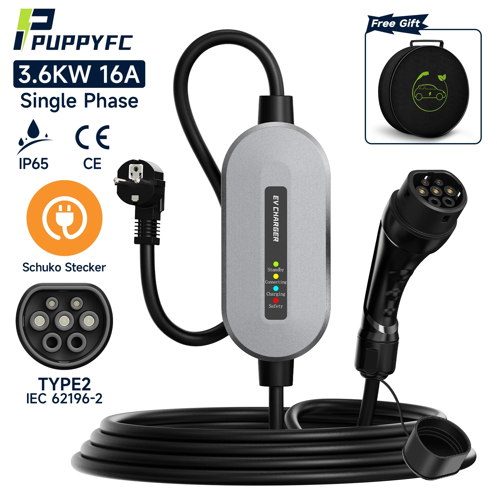 Puppyfc EV Charger Type2 IEC62196-2 3.6KW 16A Portable Charging Box Set Type1/GBT Plug and play for Electric Vehicle Car Charger