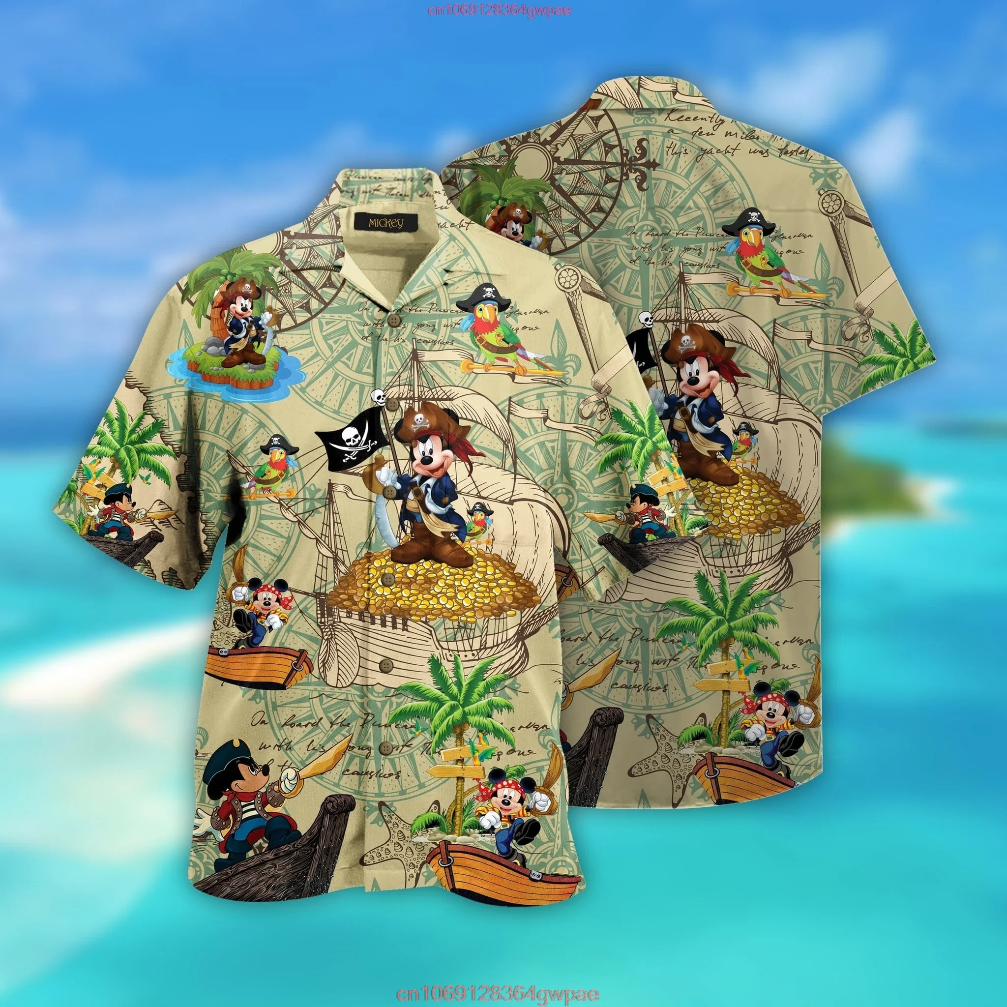 Disney Mickey Treasure Hunt Hawaiian Shirt Men's Mickey Mouse Hawaiian Shirt Disney Aloha Shirt Fashion Short Sleeve Shirt