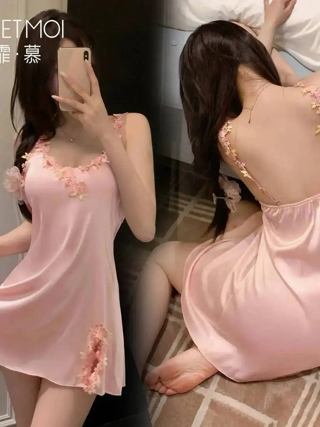 Spring Color Garden Embroidered Strap Nightdress Imitation Silk Backless Strap Nightwear Summer Sexy Dress Elegant V Neck DD08