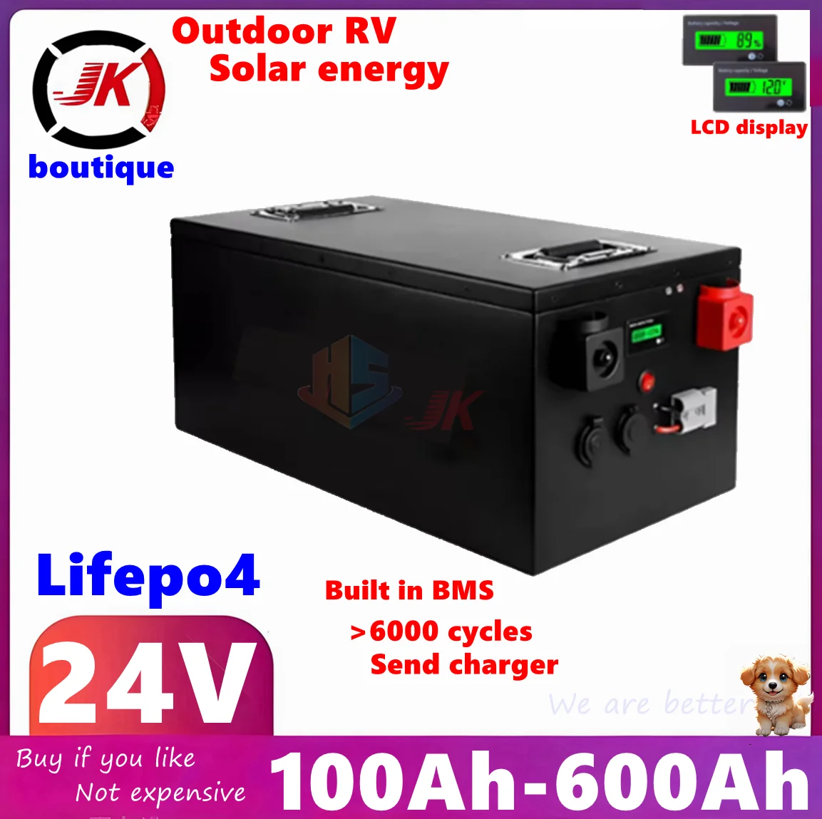 

JK Lifepo4 24V 100Ah 150Ah 200Ah 300Ah 400Ah 500Ah 600Ah Rechargeable Battery for 2000W Solar System UPS Trolling Motor RV Boat