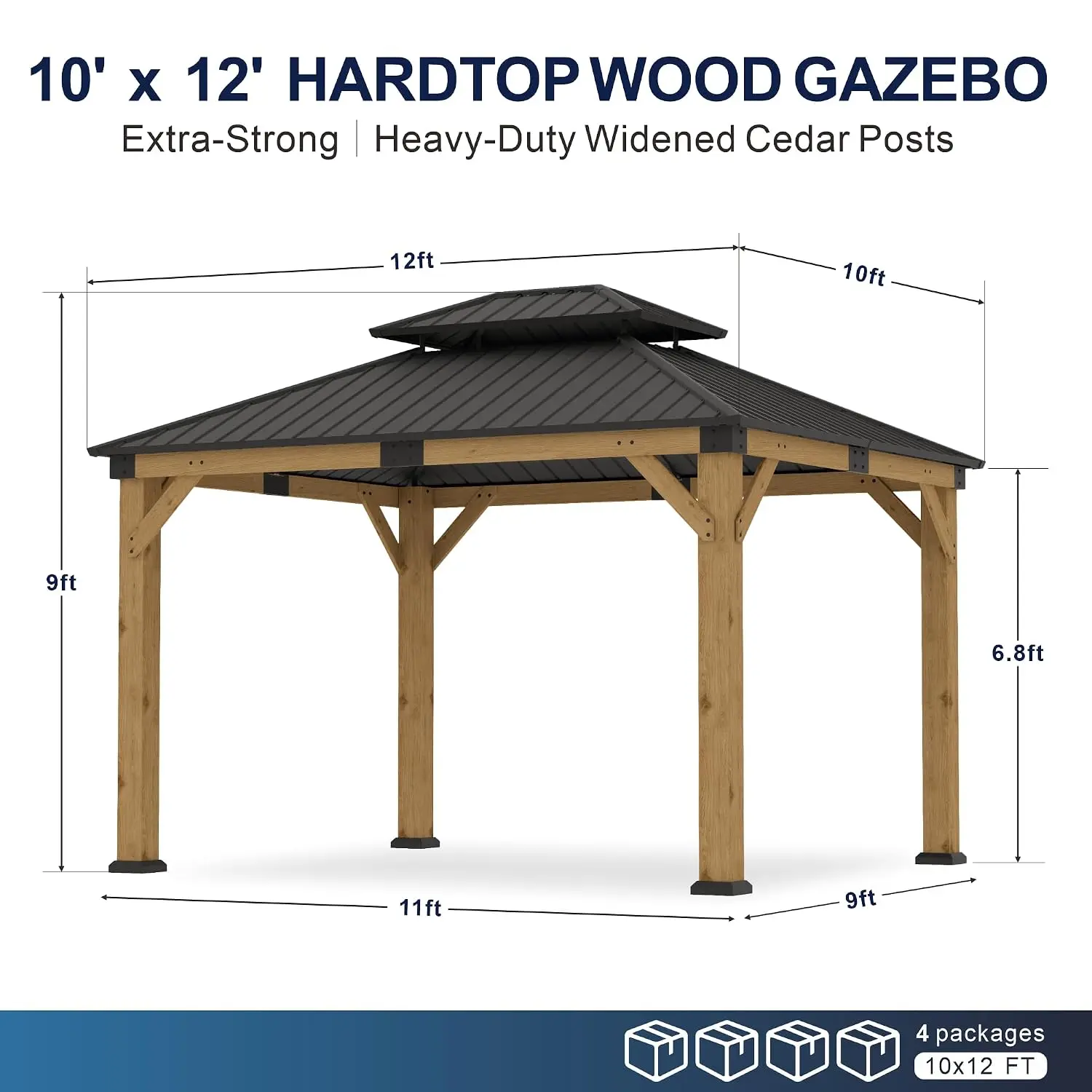 Wood Gazebo 10' x 12', Cedar Gazebo with Hardtop Galvanized Steel Double Roof, Permanent Pavilion with 4.72