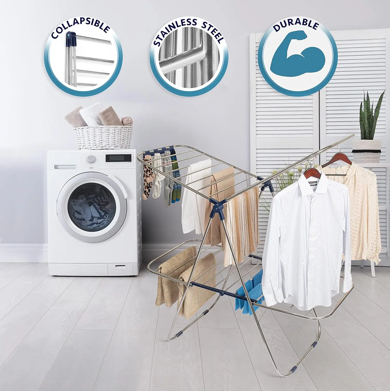 Free Standing with Height Adjustable Wings, Stainless Steel, Sock Clips, Towel Rack, Clothes, Blue