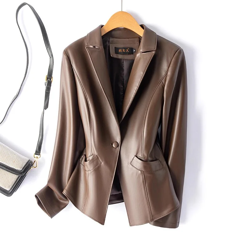Neu Damen Frühling Herbst Spaltleder Jacke Mode Fallender Kragen Schmale Taille Ein-Knopf-Blazer Lässig Lederjacke Damen
