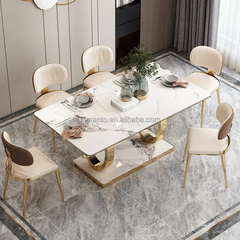 

Скандинавский дизайн, современные стулья из искусственной кожи из нержавеющей стали, набор столов для столовой, ресторана, 6-местный прямоугольный мраморный обеденный стол
