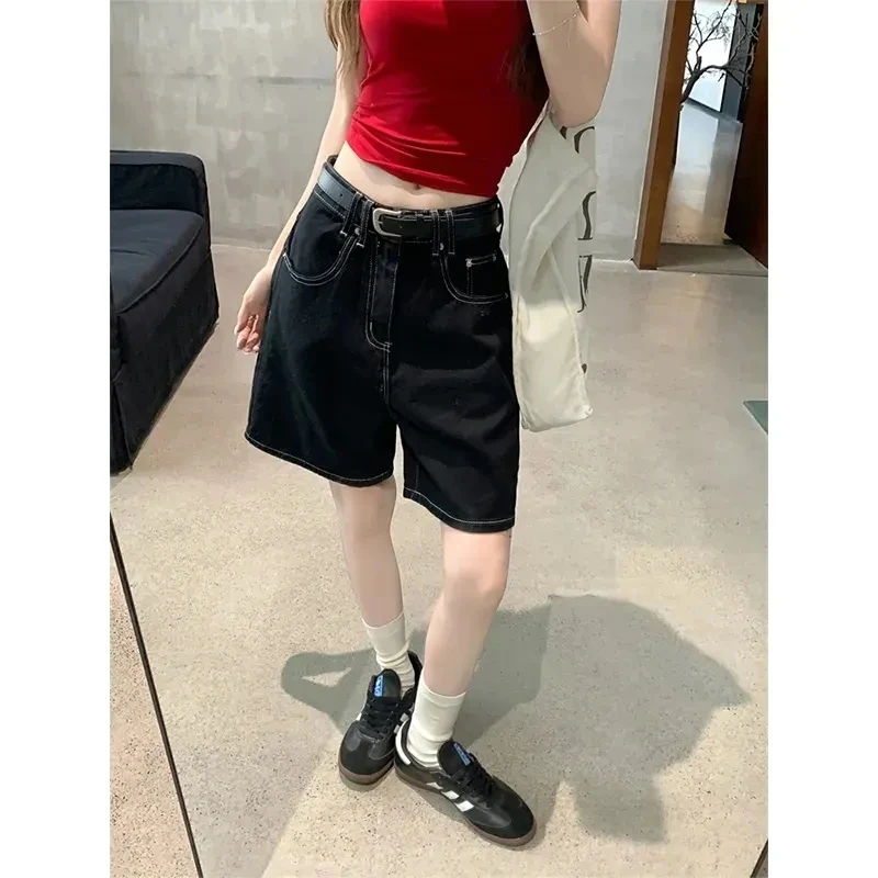 High-Waisted Straight-Leg Jeans Shorts for Women Summer New Style Slimming Black Five-Point Loose Wide-Leg Mid-Length Y2K Shorts - Image 3