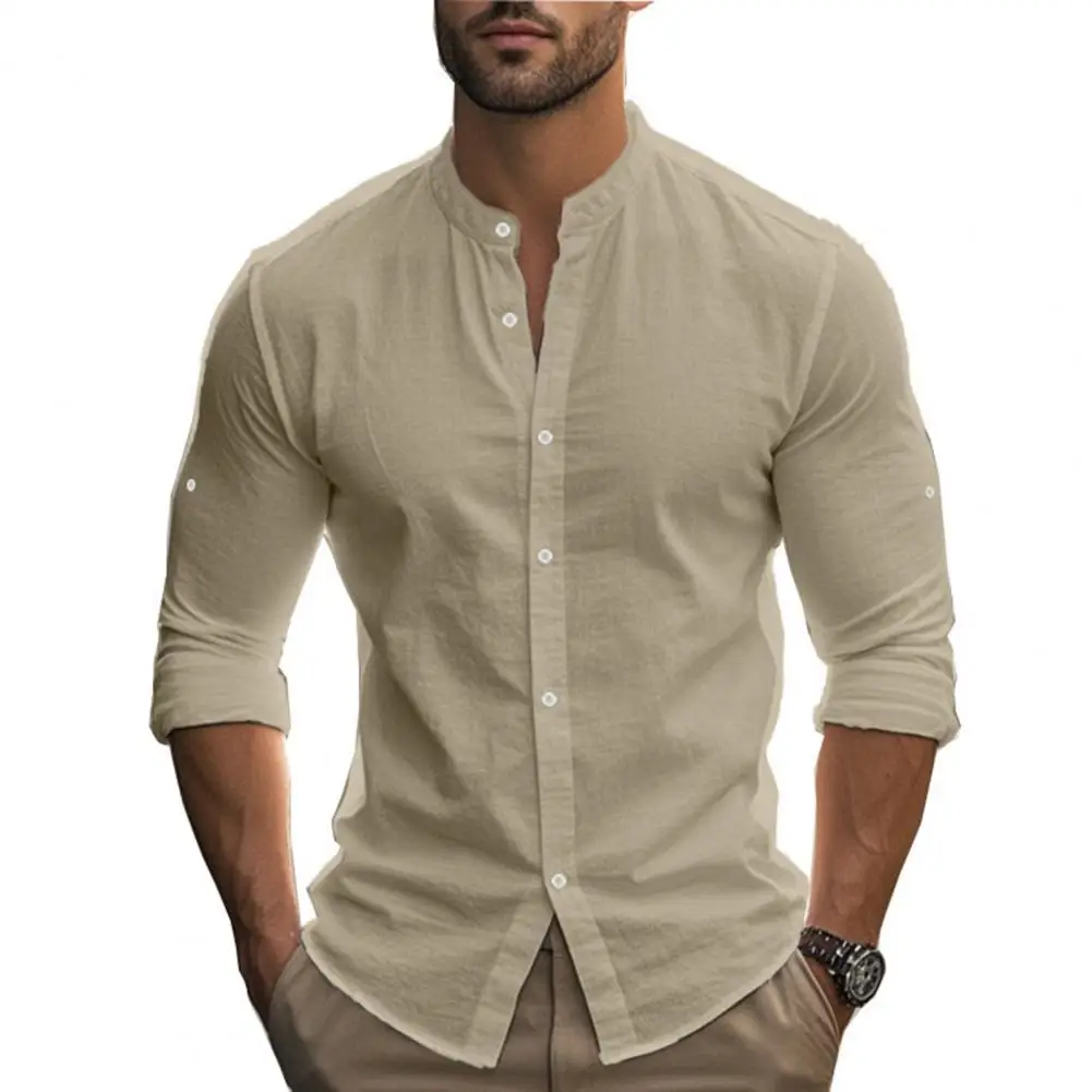 Lightweight Men Shirt Men's Cotton Linen Long Sleeve Shirt Casual Band Collar Button Down Shirt Summer Beach Vacation Travel