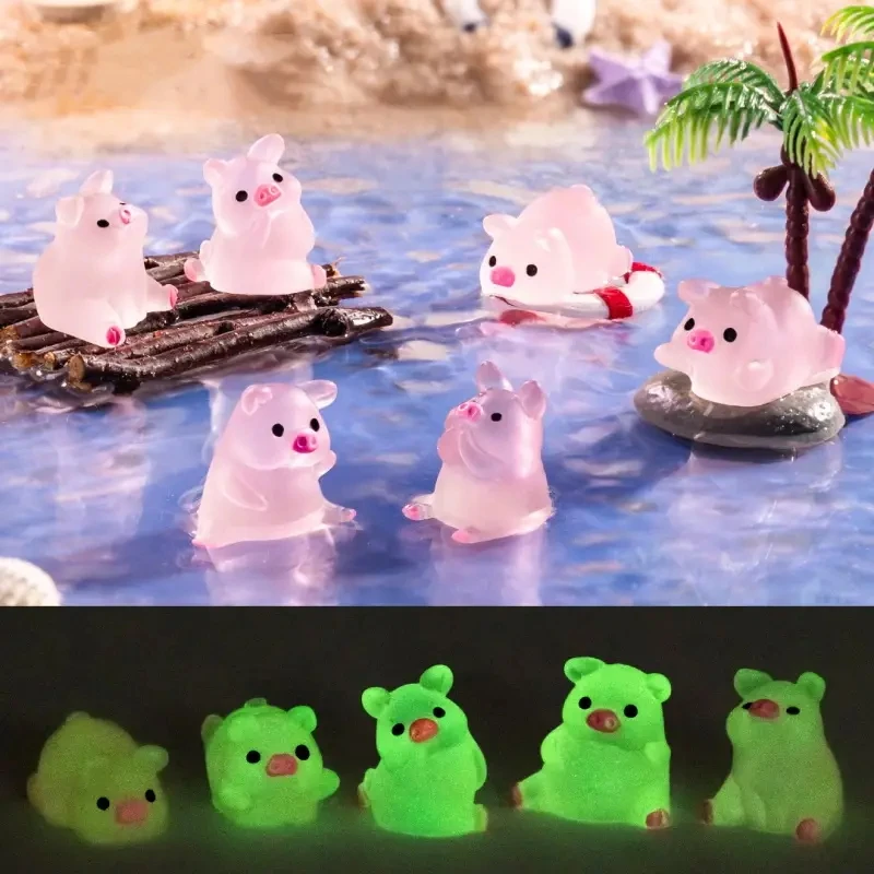 Mini cerdo de resina luminoso que brilla en la oscuridad, cerdito rosa, figuras de animales pequeños, adorno para DIY, contenedor de vidrio para jardín de hadas, 10/20 piezas