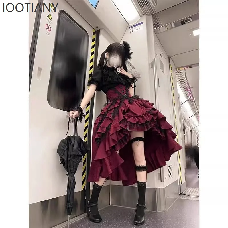 

IOOTIANY Japanese Dark Gothic Style Lolita Cosplay Costume Women's Slim Waist Shirt Dress Set Versatile Lace Princess Y2k Dress