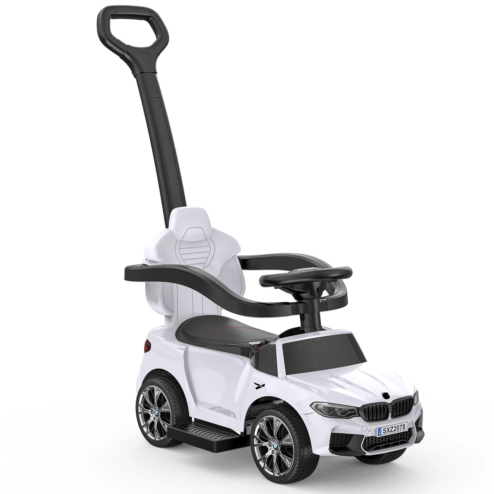 Push-Autos für Kleinkinder von 1–3 Jahren, Jungen und Mädchen, 4-in-1-Ride-On-Autos, lizenziertes BMW mit Hornmusik-LED-Lichtern und steuerbarem Push-Griff