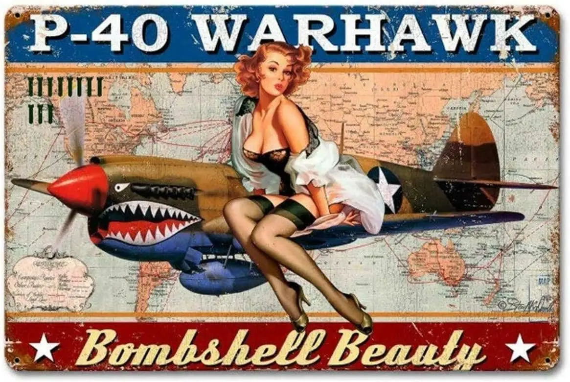 Metal Tin Sign Vintage Chic Art Decoration Military P-40 Warhawk Pin Up Girl for Home Bar Cafe Farm Store Garage or Club 12  1pc