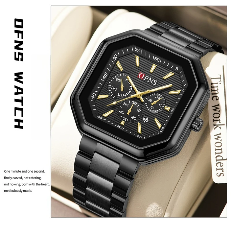 

OFNS 1539, кварцевые мужские часы, квадратные модные простые часы с полным календарем и светящейся стальной полосой для мужчин, Relógio Masculino