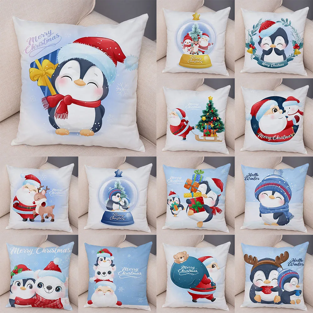 Vrolijk Kerstfeest Cartoon Santa Claus Pinguïn Hert Print Kussenhoes Huis Woonkamer Sofa Decoratie Kussen 45X45Cm