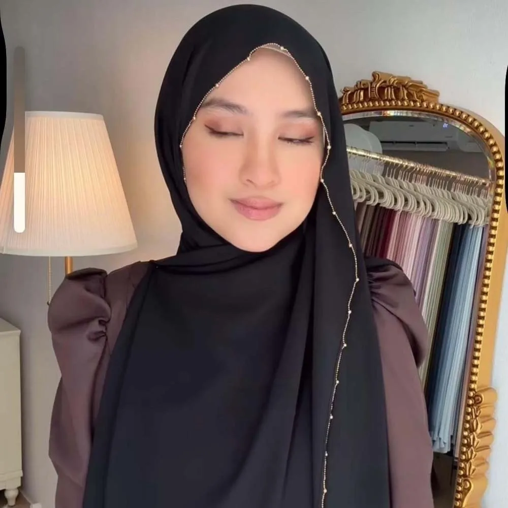 

Elastic Colorful Beaded Headscarf Hijab Solid Color Printed Tail Turban All-match Indian Style Chiffon Large Shawl Women