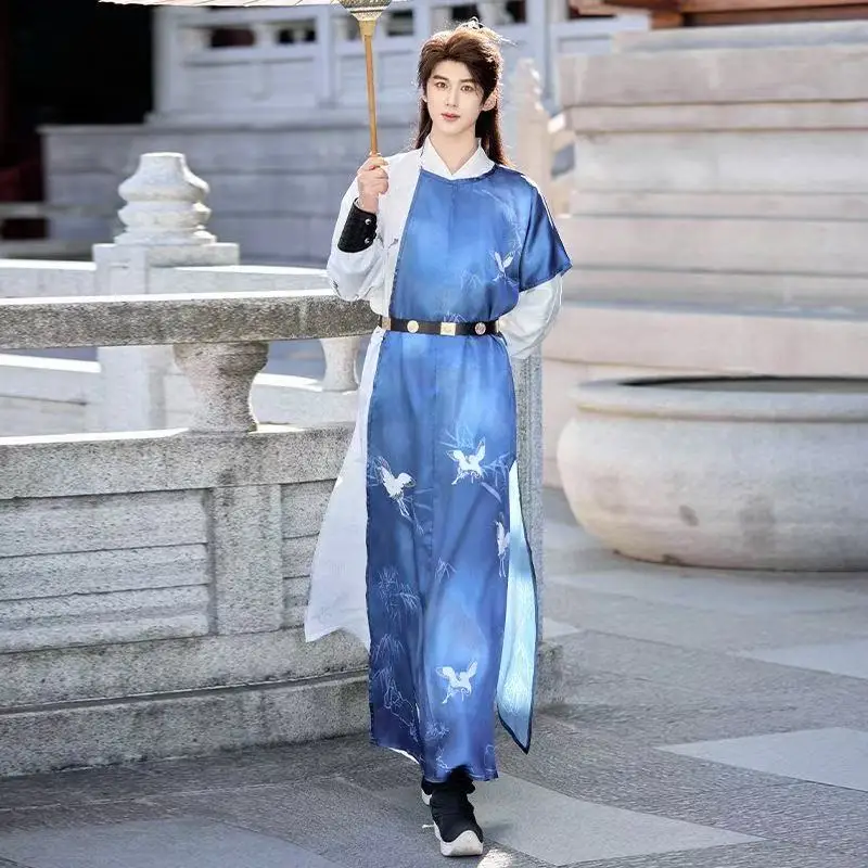 6pc Original Wuxia Hanfu Men Women Crane Bamboo Printing Costume Vintage Party Swordsman Cosplay Costume Spring Summer Male