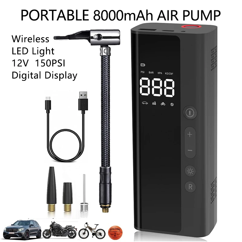 

12V Portable 8000mAh Car Air Compressor Wireless for Motorcycles Bicycle Tire Inflator Digital Mini Auto Inflatable Air Pump