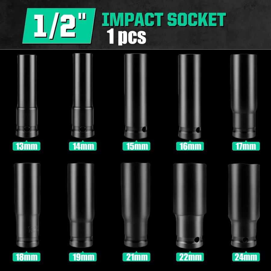 1pc 1/2 inch Drive 6-Point Deep Impact Socket, 8-24mm, Hex Socket for Motorcycle Auto Repair