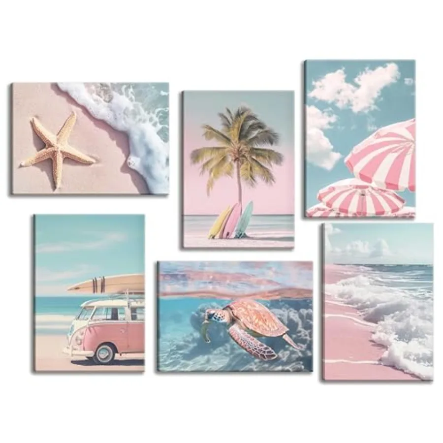 

6Pcs Pink Summer Beachy Wall Art Fresh Pink Tropical Ocean Art Print Beach Chairs Starfish Surfboard Palm Tree Wall Decor Retro