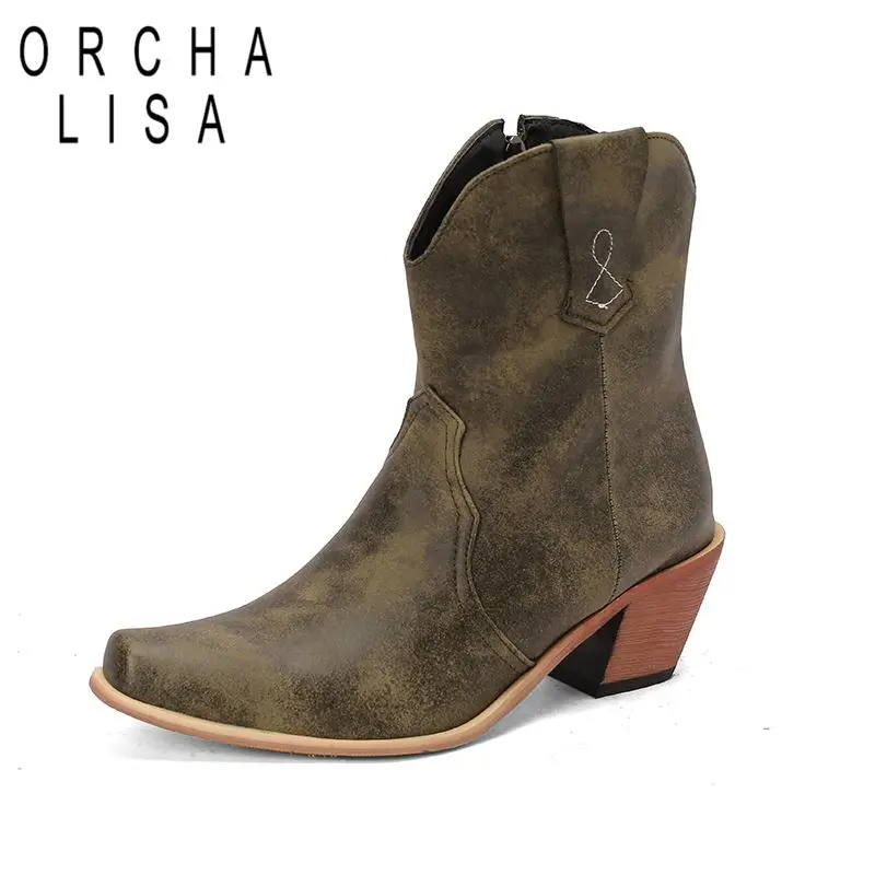 Orchalisa Cowboy Western Laarzen Voor Vrouwen Vierkante Neus Dikke Hakken 6.5Cm Rits Grote Maat 45 46 47 48 Leisure Daily Enkelbooties