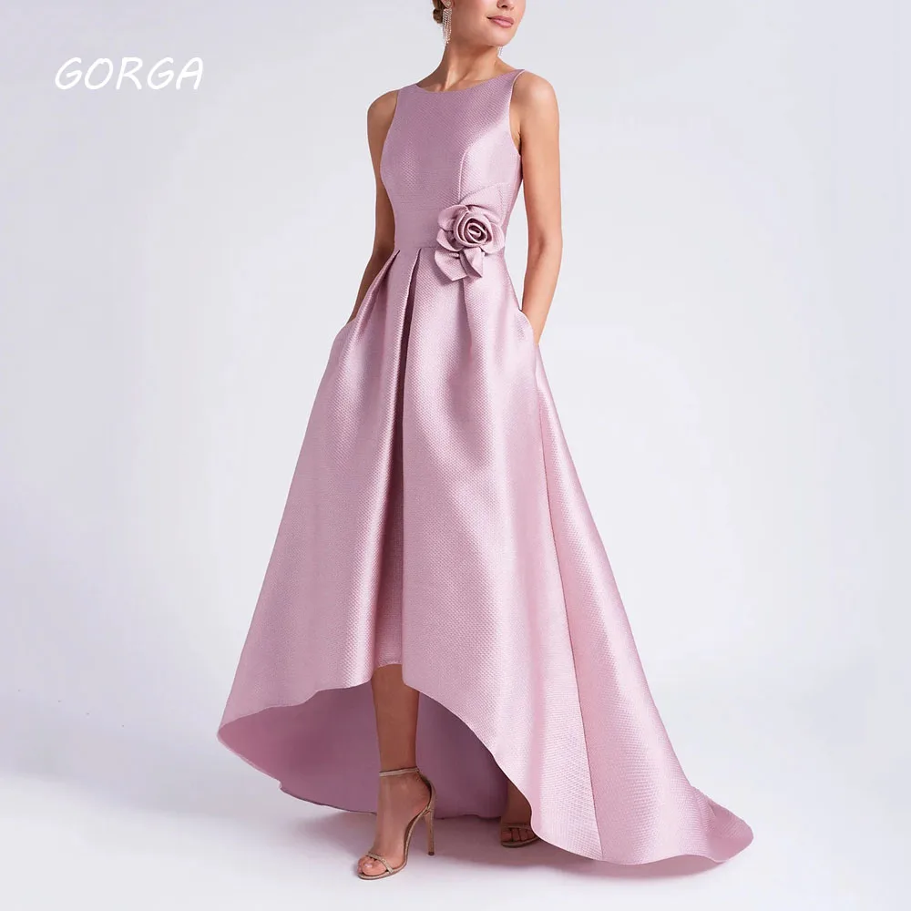 

GORGA Pink O-Neck 3D Flowers Satin Evening Dresses Saudi Arabia Slim A-LINE Formal Occasion Dress Floor-Length Party Gowns