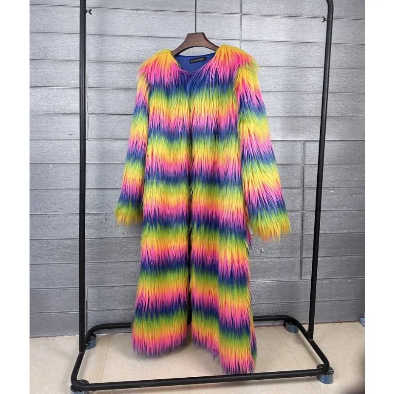 Women's Clothing Fur Faux Fur Long Version Coat Rainbow Colours Goat Wool Warm Fashionable Comfortable Leather Jacket