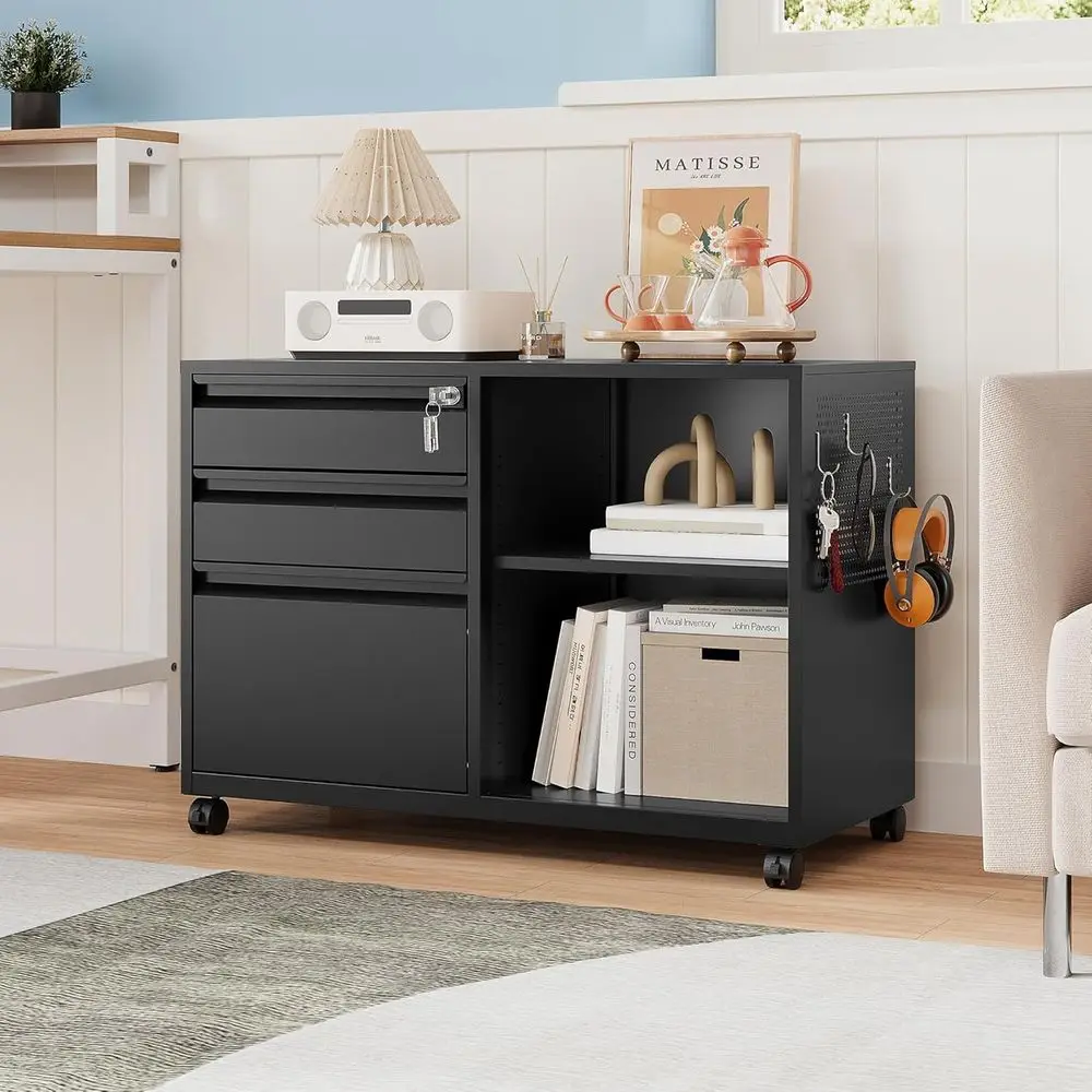 Der Cabinet with Lock, Metal Lateral Rolling Printer Stand Office Storage Cabinet Home Office, A4, Letter, File Holders (Black)