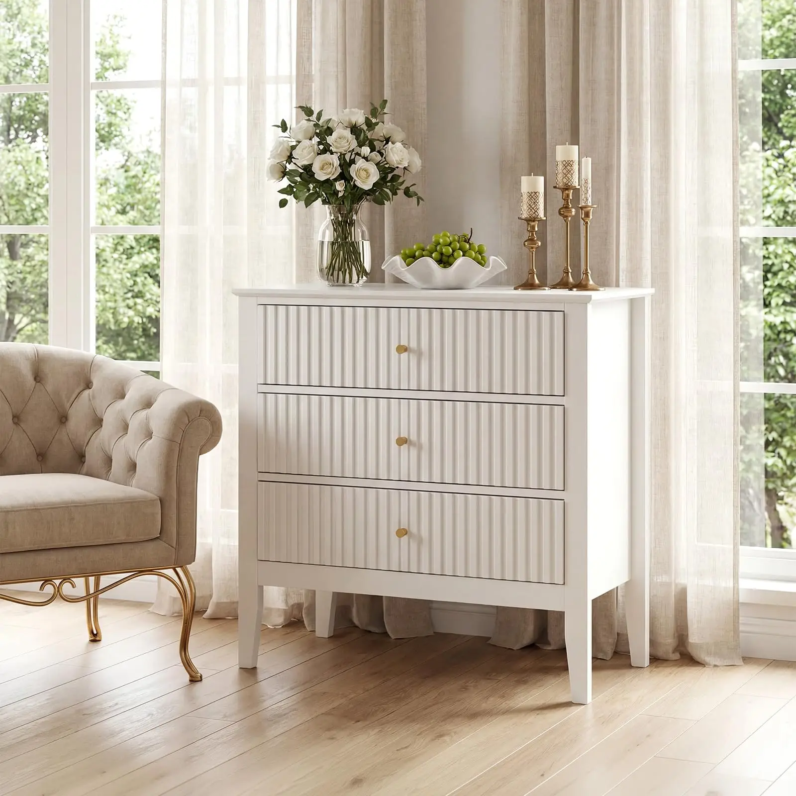 31.5 Inch Fluted Nightstand With Charging Station, 3 Drawer Bedside Table Raised Leg Storage Cabinet For Bedroom Living Room Home