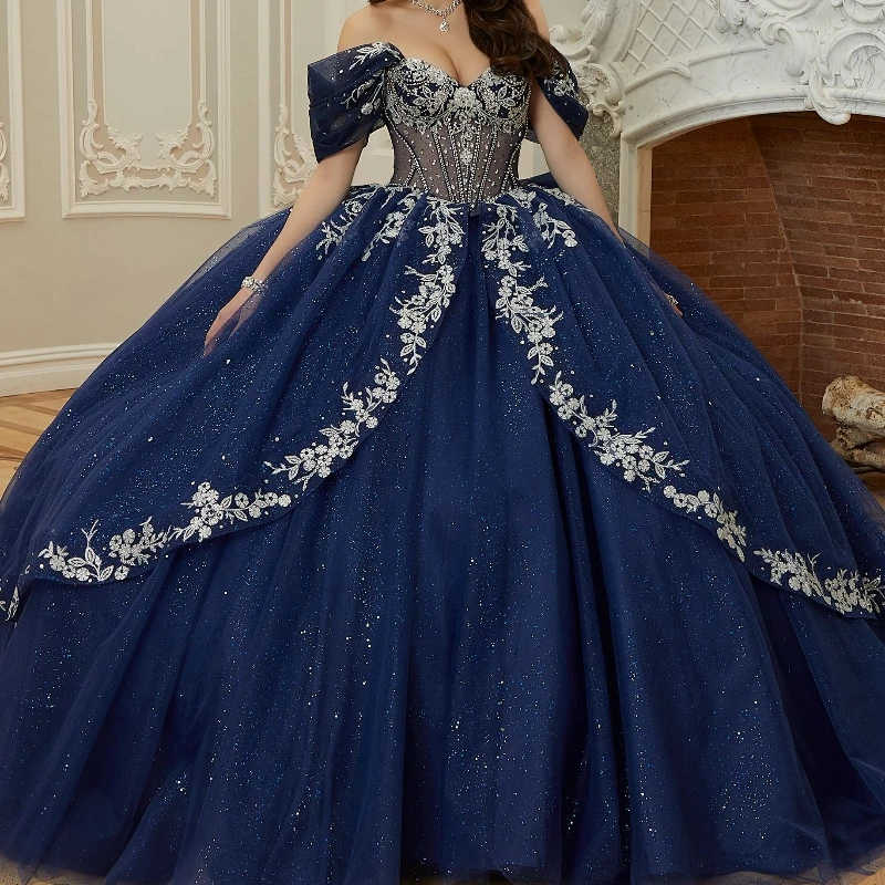 

Glittering Navy Blue Quinceanera Dresses Off The Shoulder Silvery Applique Bow Beading Crystal Tull Vestidos De 15 Anos Birthda