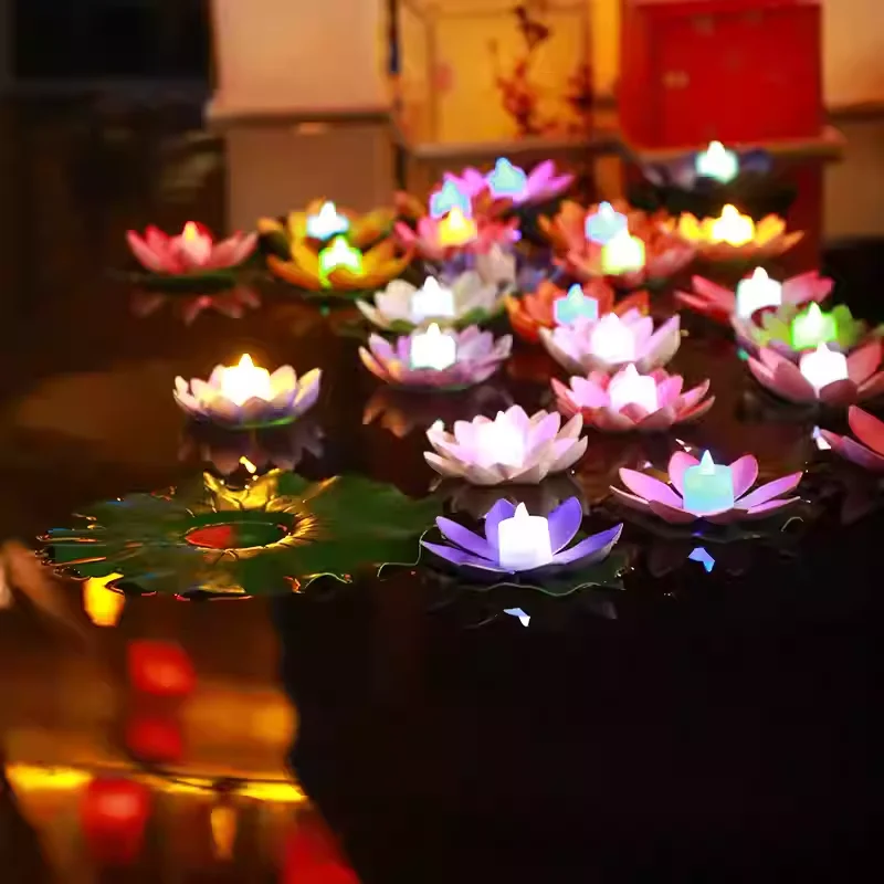 

Colorful Changing LED Lotus Lamp Floating Water Wishing Lantern Artificial Silk Flower Candle Lights 20PC Chinese Lanterns Sale