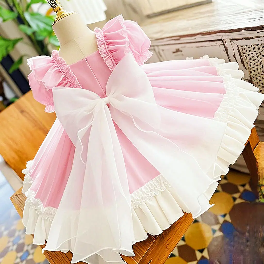 Kids Girls' New Summer Dress Breathable Palace Style Princess Dress Pink Bow Lace Dress for Weddings Birthday Party for