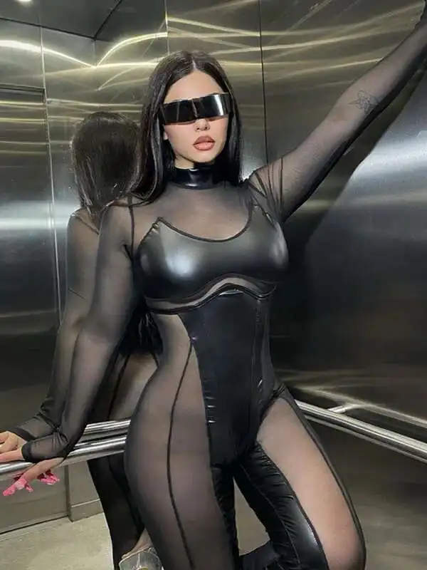 New Cosplay Party Women's Nightclub Style Spliced Mesh Transparent Long Sleeved Sexy Tight Black Bodysuits Charming Smooth W0OJ
