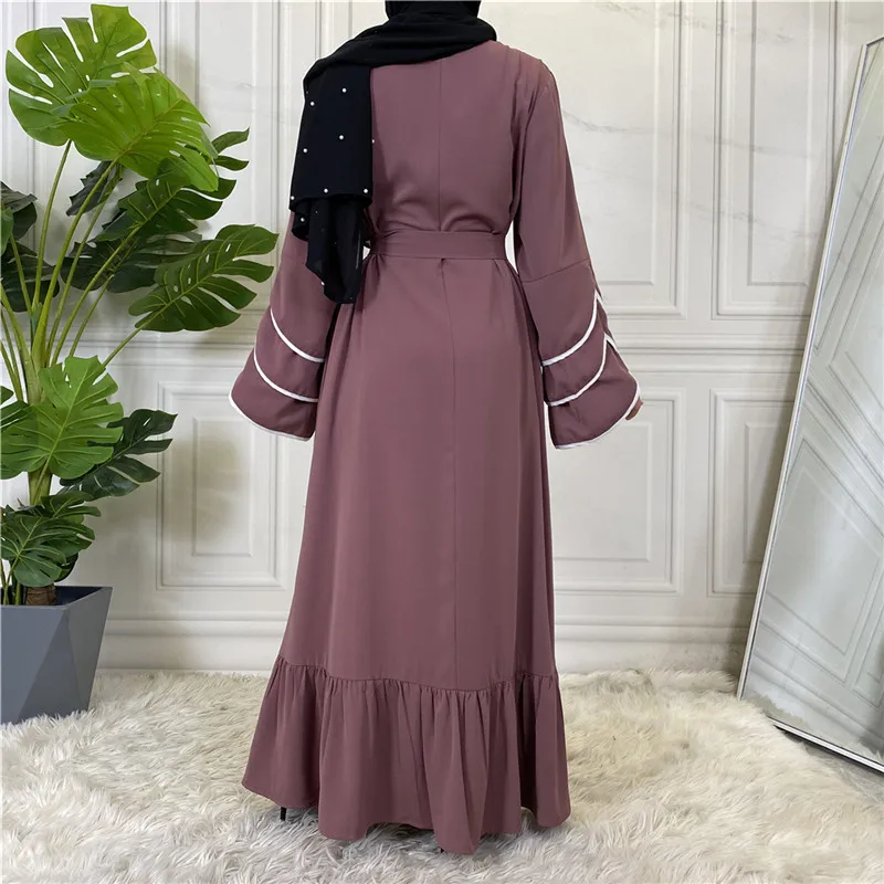 Quality Muslim Abaya Female Solid Color Lacing Belt Fashion Pleated Cuffs Islamic Ethnic Robe Slim Folded Ruffle Hem Long Dress