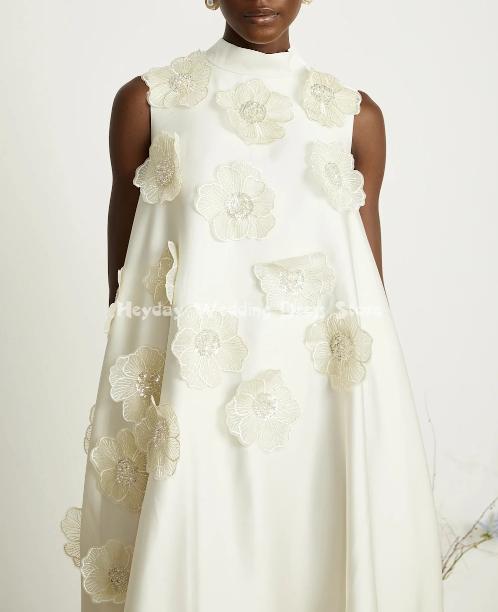 Heyday personalizado feminino alta pescoço 3d flores uma linha vestidos de noite com mangas chá-comprimento vestidos de festa elegantes 2025