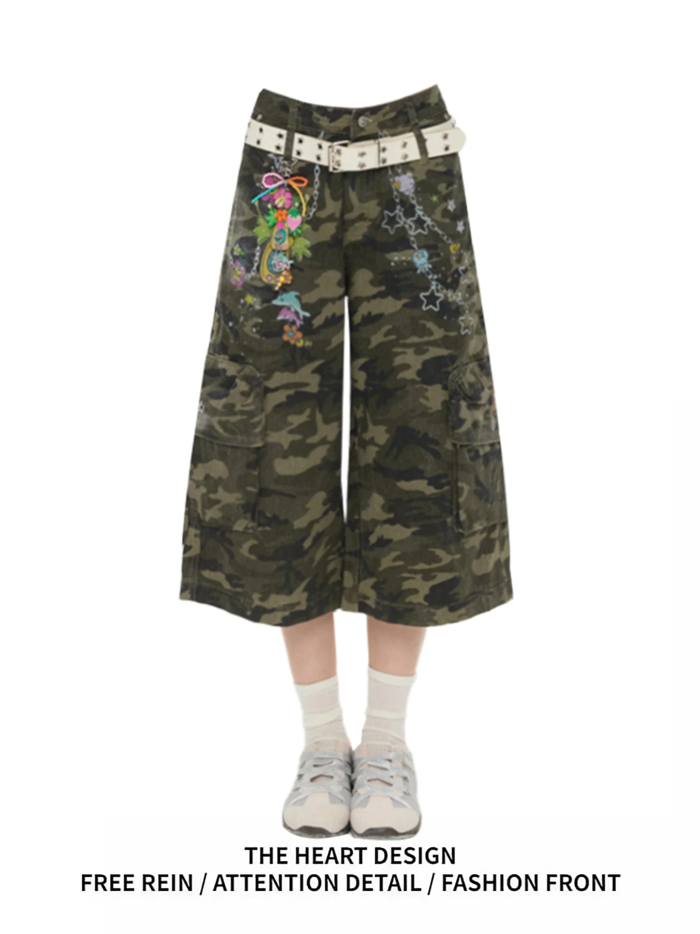 

American Retro Camouflage Pants Loose Wide Leg Workwear orts Women's Summer 2026 New Sle Multi-ket Seven-Foot Jeans