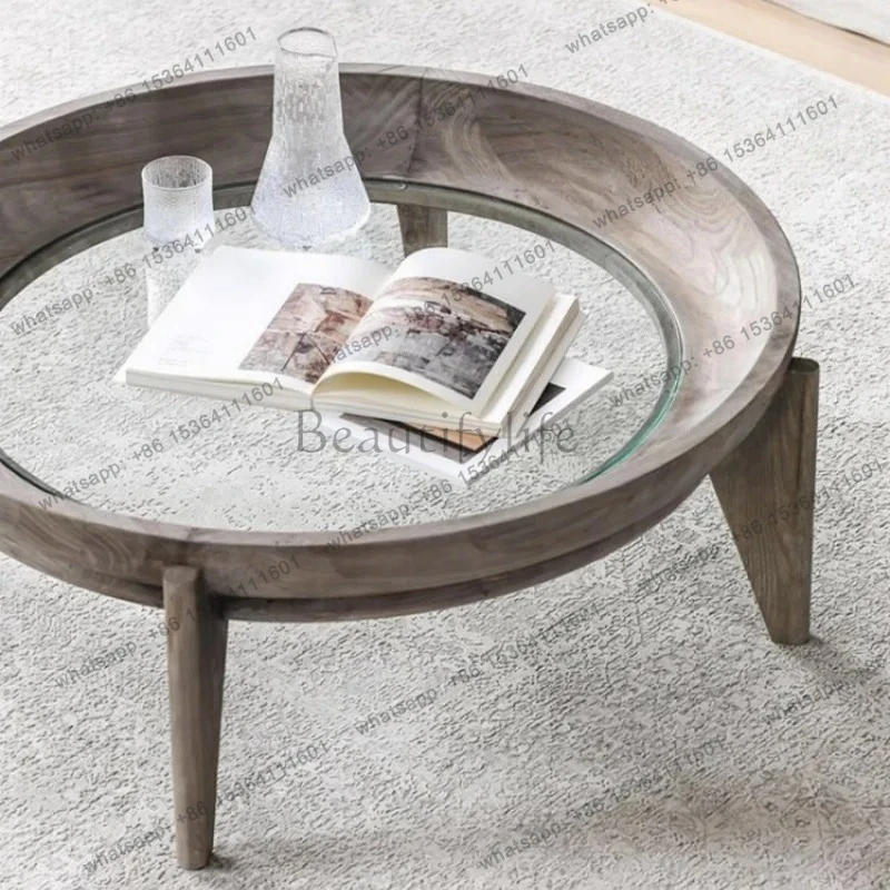 

yj21 Nordic all solid wood round glass coffee table living room creative designer coffee table small apartment