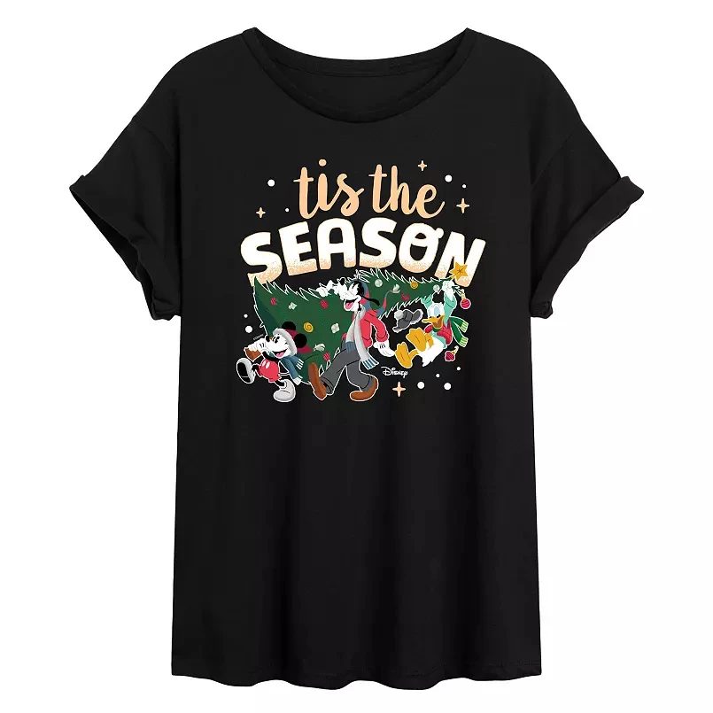 

Disney Christmas T Shirt Black Cotton Short Sleeve Tops Tis The Season Print Mickey Minnie Santa Hat Xmas Tree Design